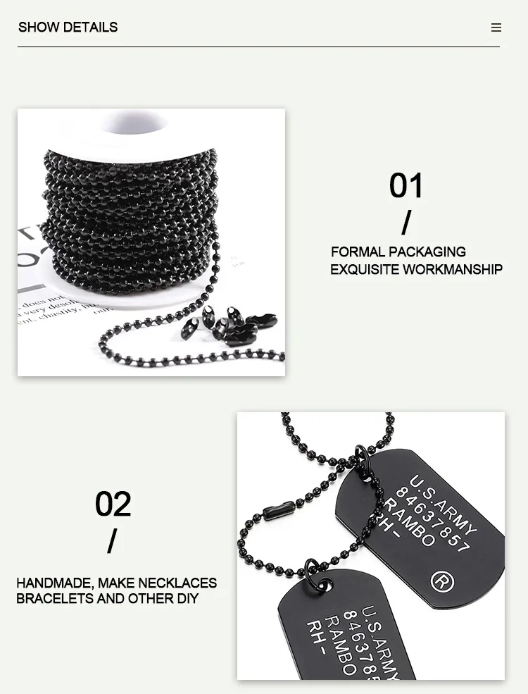 Function Roller Chain Stainless Steel Pre-Cut 2.4mm Ball Chain for Dogtag Customized Size Rustproof 1